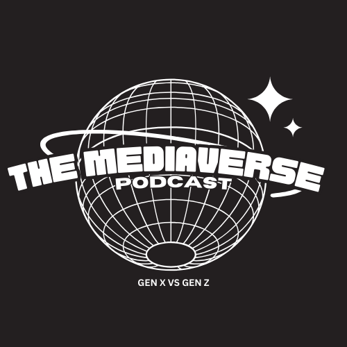 White podcast logo on nearly black, dark grey background. Logo displays a grid-style globe with "The MediaVerse Podcast" written in capital letters across it. Below the globe reads "Gen X vs Gen Z"