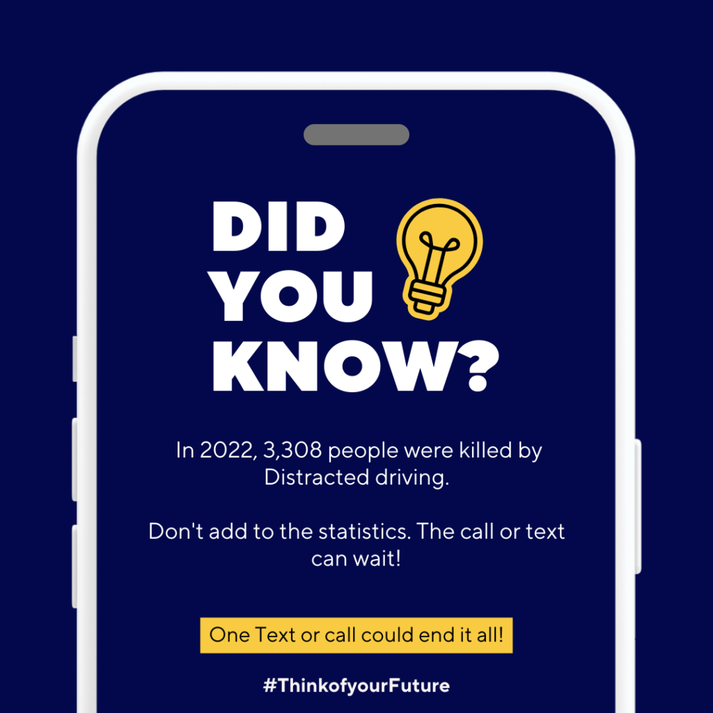 A navy blue background with a white outline of an iPhone as a boarder. Inside the boarder is bold white text that reads "DID YOU KNOW?" with a yellow cartoon lightbulb next to it. There is white text below it that reads, "In 2022, 3,308 people were killed by Distracted driving. Don't add to the statistics. The call or text can wait!". There is navy blue text highlighted in yellow bellow and it reads, "One Text or call could end it all!". There is small white text at the bottom that reads, "#ThinkofyourFuture".