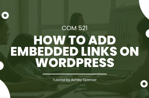 An image displaying a woman giving a lecture to a group with. a heavy green colored overlay over it with white text that reads, "COM 521 HOW TO ADD EMBEDDED LINKS ON WORDPRESS"